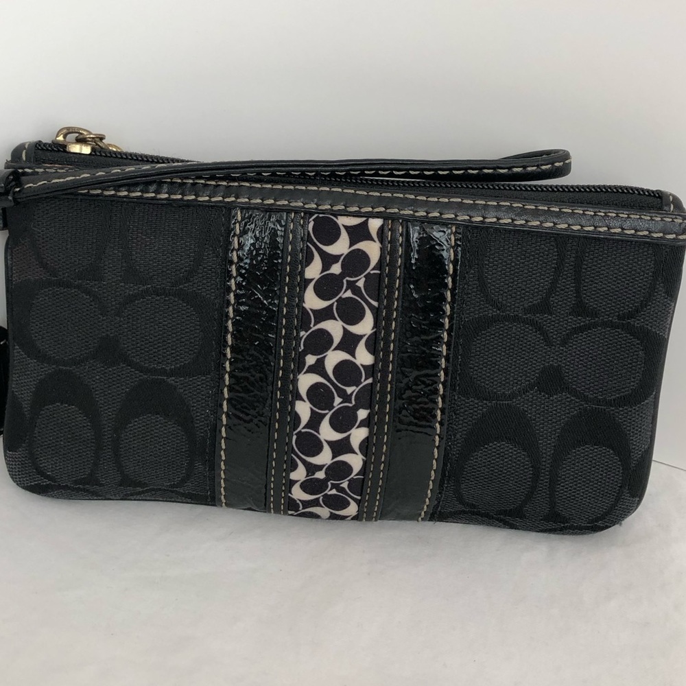 Coach Satin C Stripe Wristlet Black Jacquard Signature C Leather Collectible EUC